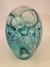 Beckwith Art Glass Egg Scupture Abstract Aqua Gold Webbing Hand Blown  Signed 7” picture