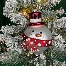 Glass Snowman Head Christmas Tree Ornament Red Top Hat Polka Dot Scarf picture