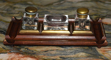ANTIQUE INKSTAND, BRASS, TOOLED, TWO CRYSTAL BOTTLES, ENGLAND, 1880 picture