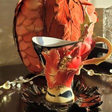 Rare Vtg Franz Cup/ Scr/ Spoon Set Striking Vermillion Peony Flower Porcelain picture