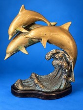 Vintage Brass 3 Dolphins Sculpture Ocean Waves Wood Base 14” Tall La Jolla Decor picture