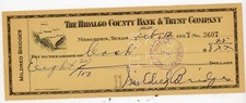 1938 Texas Check Hidalgo County Bank & Trust Mercedes TX Mildred Bridges Signed picture