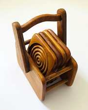 Vtg Dolphin Teak wood Coaster Set of 4 Pieces Brown Square Swirl Pattern picture