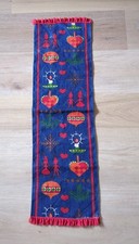 VTG Scandinavian Xmas Jute Table Runner Blue Printed Candles Ornaments 11