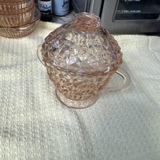 VTG Jeannette Glass Holiday Buttons/Bows Pink Lidded Sugar Dish Pink Depression picture