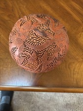 Hand-Carved Balinese Coconut Shell Art – Frog & Leaf Carving Decorative Sphere picture
