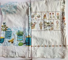 2 Linen Tablecloths Colonial Homestead Prints Aqua Coral Farmhouse Cottagecore  picture