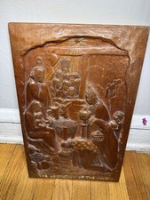 Vintage Carved Wood Nativity Wall Plaque Adoration of the Magi 18x12 picture