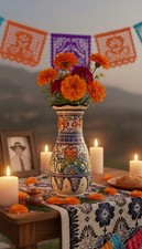 10 Inch Mexican Talavera Style Ceramic Flower Vase Blue White Hand Painted Decor picture