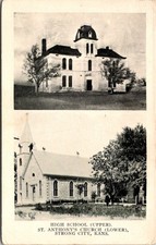 Strong City Kansas High School Dome St Anthony's Stone Church Two Views Postcard picture