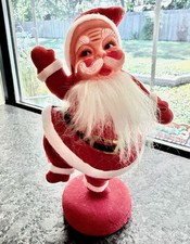 Vintage 1950s Red Flocked Dancing Waving happy Santa Plastic 8.5