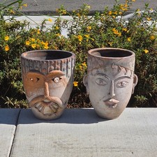 Vtg 1960s Mexican Terracotta Face Planter Pot Folk Art Head Pair Man Woman Set picture