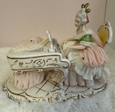 Antique German Porcelain Dresden Lace Lady Playing Piano Pink 6x7” picture