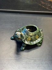 Vintage Green Ceramic Turtle Planter Pot Hand Painted Smiling Tortoise 6