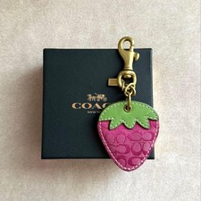 Coach signature strawberry bag charm keychain pink green canvas leather picture