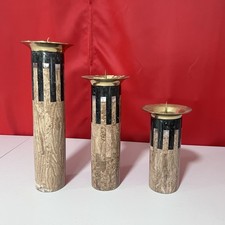 VINTAGE TESSELLATED TRAVERTINE/ONYX STONE& BRASS PILLAR CANDLESTICKS 3 SETS picture