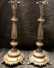 Atq Fraget N Plaque Candlesticks Pair #4220V 15” Tall Silver Copper Tone 1890s picture