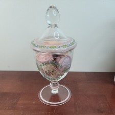 Victorian Clear Glass Covered Compote with Handpainted Enamel Flowers  picture