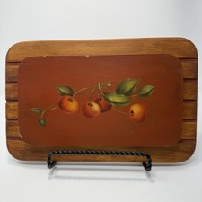 Vintage 1985 Folk Wood Hand Painted Wall Plaque W/Cherries & Leaves 11”x 7”x 1” picture