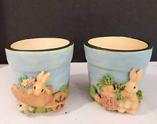 VTG RUSS BERRIE EASTER CERAMIC CANDLE HOLDERS/ POT Bunny Rabbits Set 2 Blue Mini picture