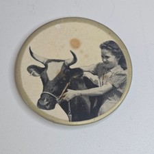 Vintage County Fair Button Girl With Cow Pinback Farm Dairy Farmers Agriculture picture