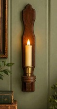 Vintage Wood Wall Candle Sconce Brass Cup Colonial Early American Decor 1972 picture