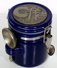 Vtg Bee House Airtight Coffee Canister w/ Spoon Cobalt Blue Ceramic 5