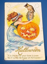 Antique/Vintage Stecher Halloween Postcard Series 216B Girl Owl Mirror JOL picture