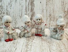 4 Vintage Crown Deville Red & White Lusterware Children with Toys Figurines  picture