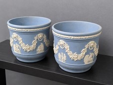 Wedgwood Jasperware Blue White Jardiniere Planter Pots Pair Made England picture