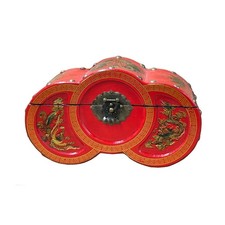 Oriental Bright Red Dragon Phoenix Graphic Circles Shape Container Box GB220 picture