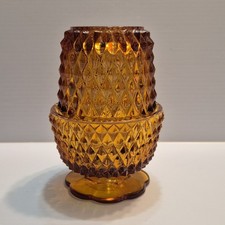 Vtg 1970s Indiana Glass Amber Fairy Lamp Diamond Point 5 1/4” Tall Pedastal Lamp picture