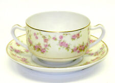 antique THUN CZECHOSLOVAKIA porcelain DOUBLE HANDLE CUP & SAUCER floral ROSEMARY picture