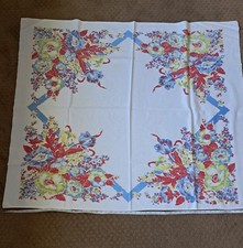 Vintage Floral Print Tablecloth RED/BLUE/YELLOW Hand PRINTED 52X45