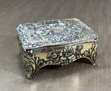 Vintage Ornate Gold Tone Metal Jewelry Trinket Box Rose Flower Footed Hinged Lid picture