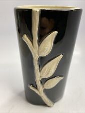 Vintage Royal Copley Black Vase w/ Ivory Color 3D Branch & Leaf Art picture