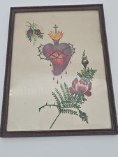 Antique Sacred Heart of Jesus Original Painting Religious Art Framed On Silk picture