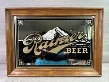 Vtg Rainier Beer Wooden Framed Mirror Bar Sign Mountain Man Cave 20