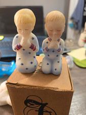 Fenton Praying Kneeling Child Figurines Blonde Star Pajamas Red White Blue Boxed picture