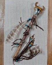 Handmade Buffalo Dance Rattle Native American Painted Feathers & Turquoise Beads picture