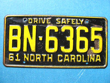 1961 NORTH CAROLINA NC LICENSE PLATE TAG,  BN-6365, ORIGINAL picture