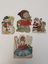 Mid Century Die-Cut Christmas Greeting Card Lot 4 Santa Snowman 1940s-50 picture