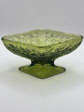 Vintage Indiana Glass Green Diamond Shaped Pedestal Daisy Floral Glass Bowl Dish picture