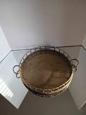 Vintage Brass Faux Bamboo  Vanity Tray  Round with Handles MCM Regency 12