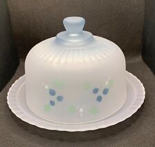 Arcoroc France Cake Plate Dome Lid Frosted Blue Pastel Harlequin Berry Vintage picture