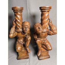 Vintage Renaissance Figural Hand Carved Reclaimed Wood Sculpture set of 2 picture