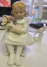 Vintage German Porcelain Girl Flowers Figurine Crossed Swords Mark Bird... picture