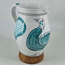 Vintage signed art pottery folk art blue white bird pitcher vase picture