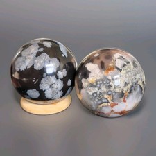 Lot Of 2 Polished Snowflake Obsidian & Black Flower Agate Spheres - USA picture