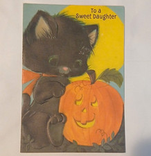 Vintage 70s Halloween Greeting Card  Black Cat Kitten Pumpkin Daughter Hallmark picture